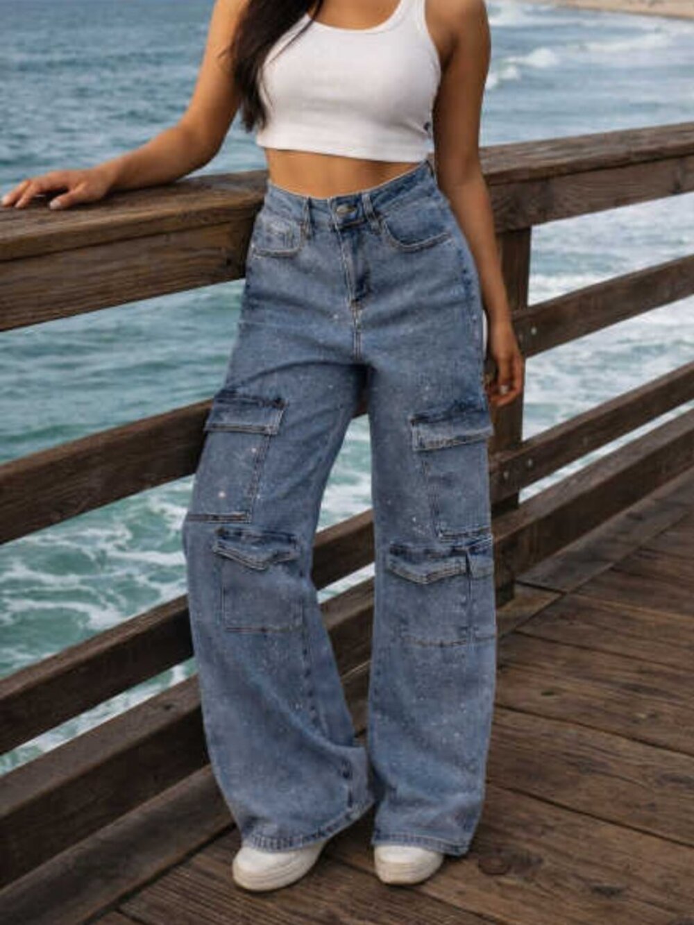 Full Stone Embellished Cargo Denim Pants